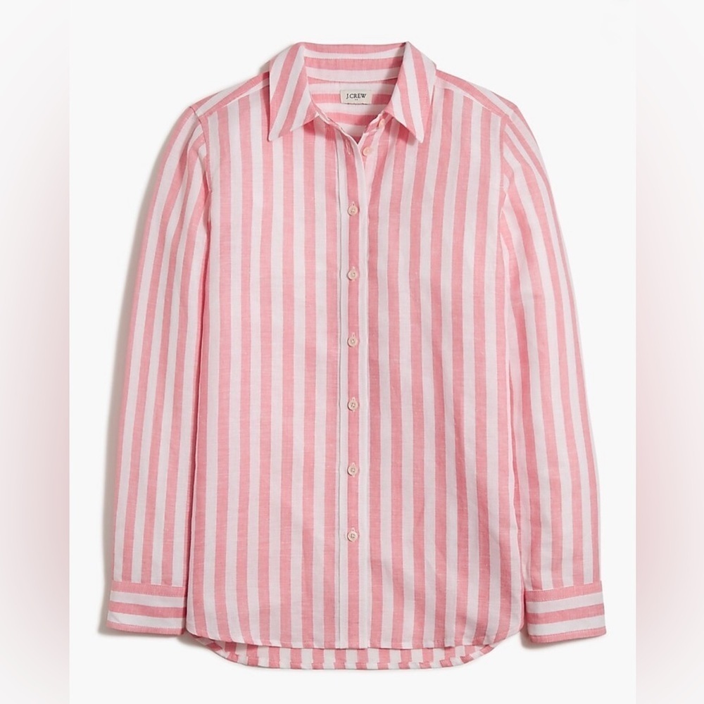 J. Crew Factory Striped Linen-Blend Button-Up Shirt BY037 Sz S Coral&White NWT